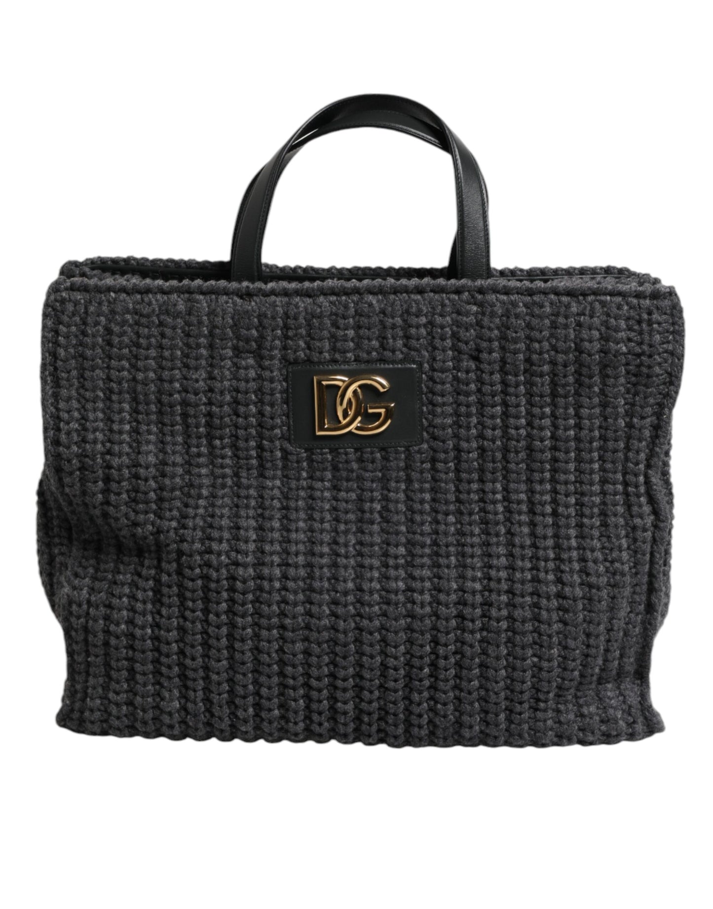 Dark gray woven handbag with a gold logo on a white background