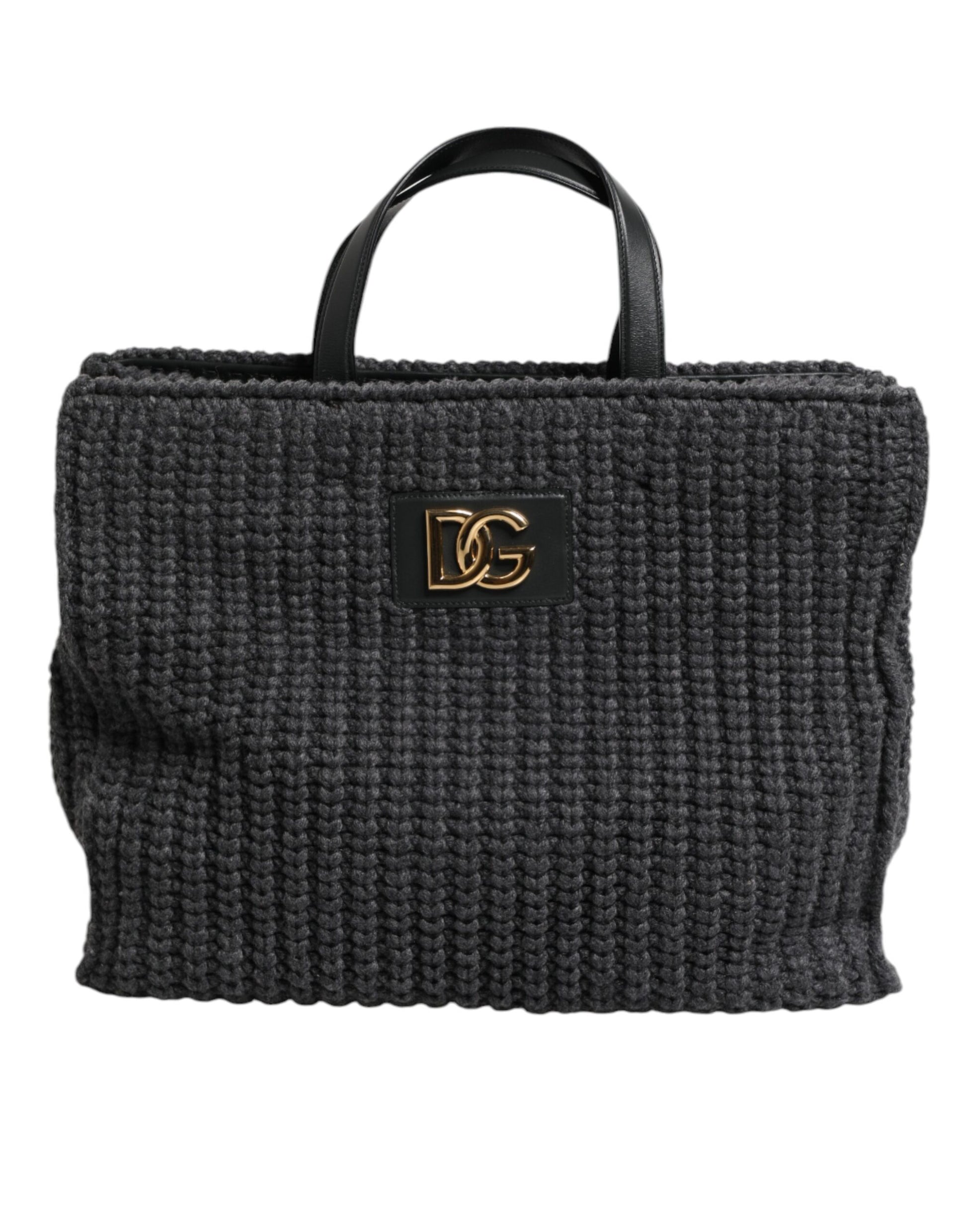 Dark gray woven handbag with a gold logo on a white background