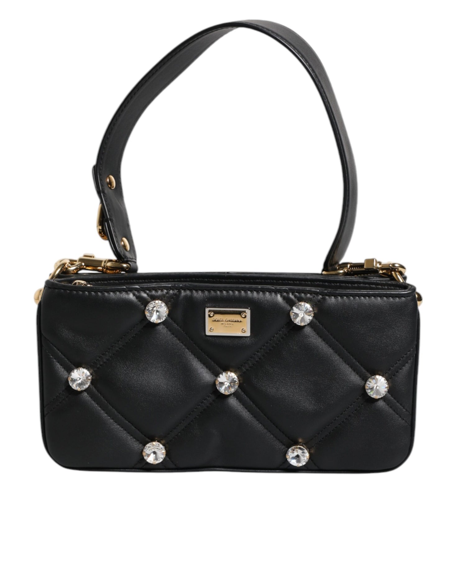 Black handbag with diamond pattern and decorative studs on a white background