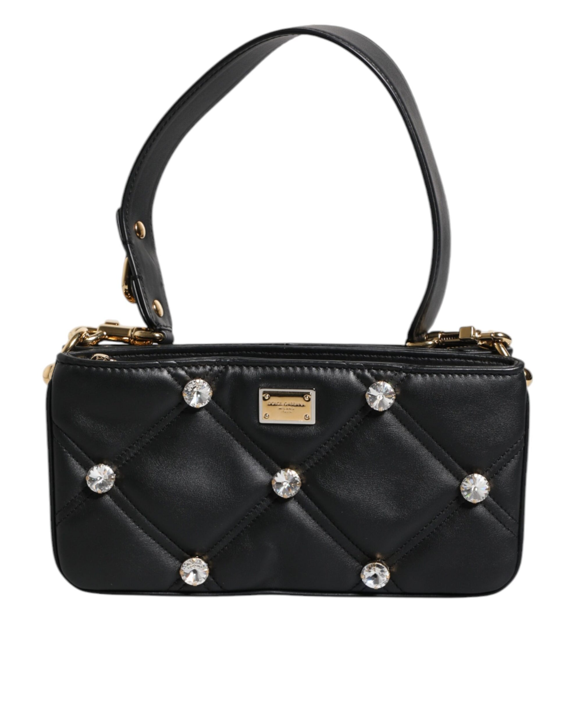 Black handbag with diamond pattern and decorative studs on a white background