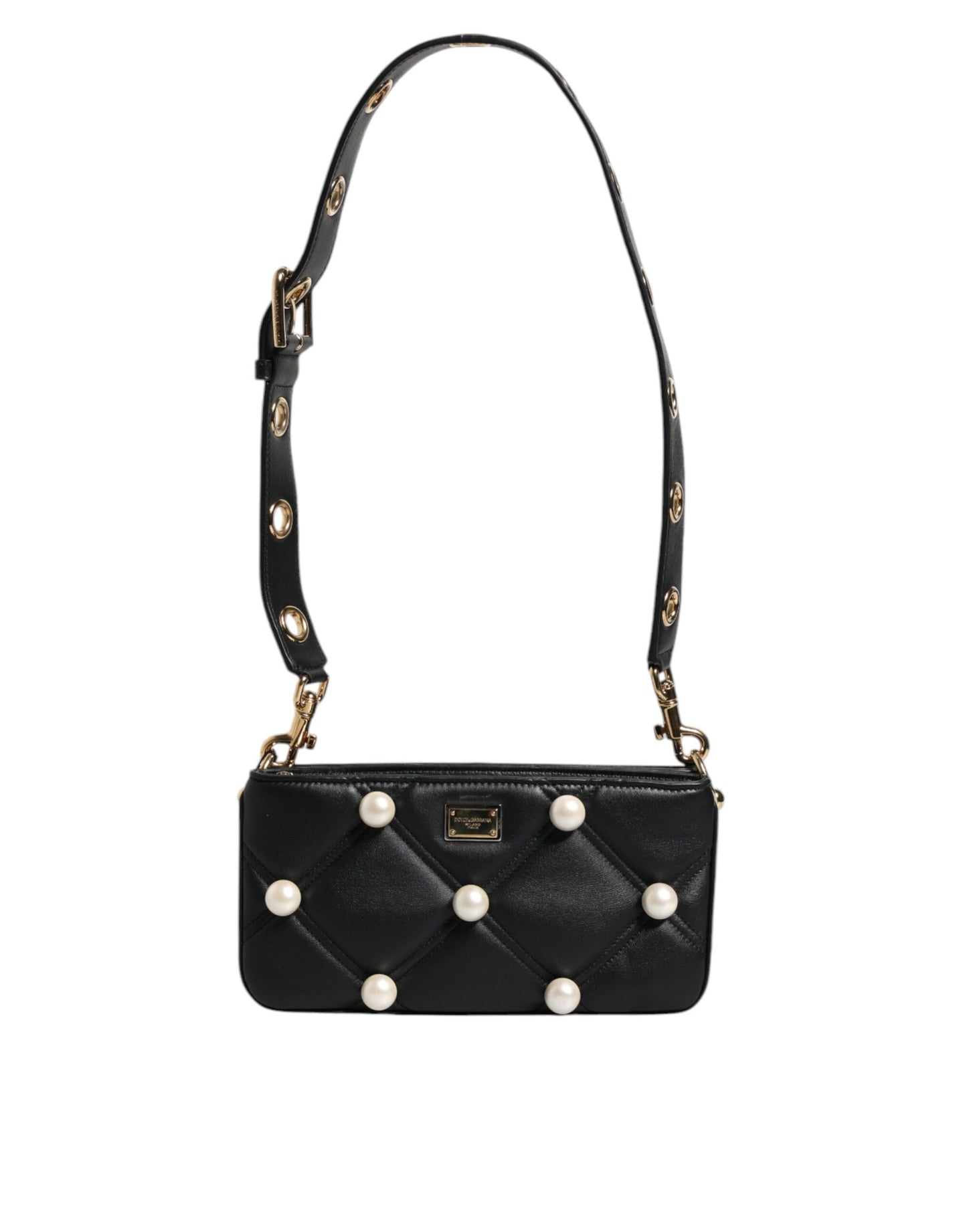 Black quilted handbag with pearl embellishments on a white background