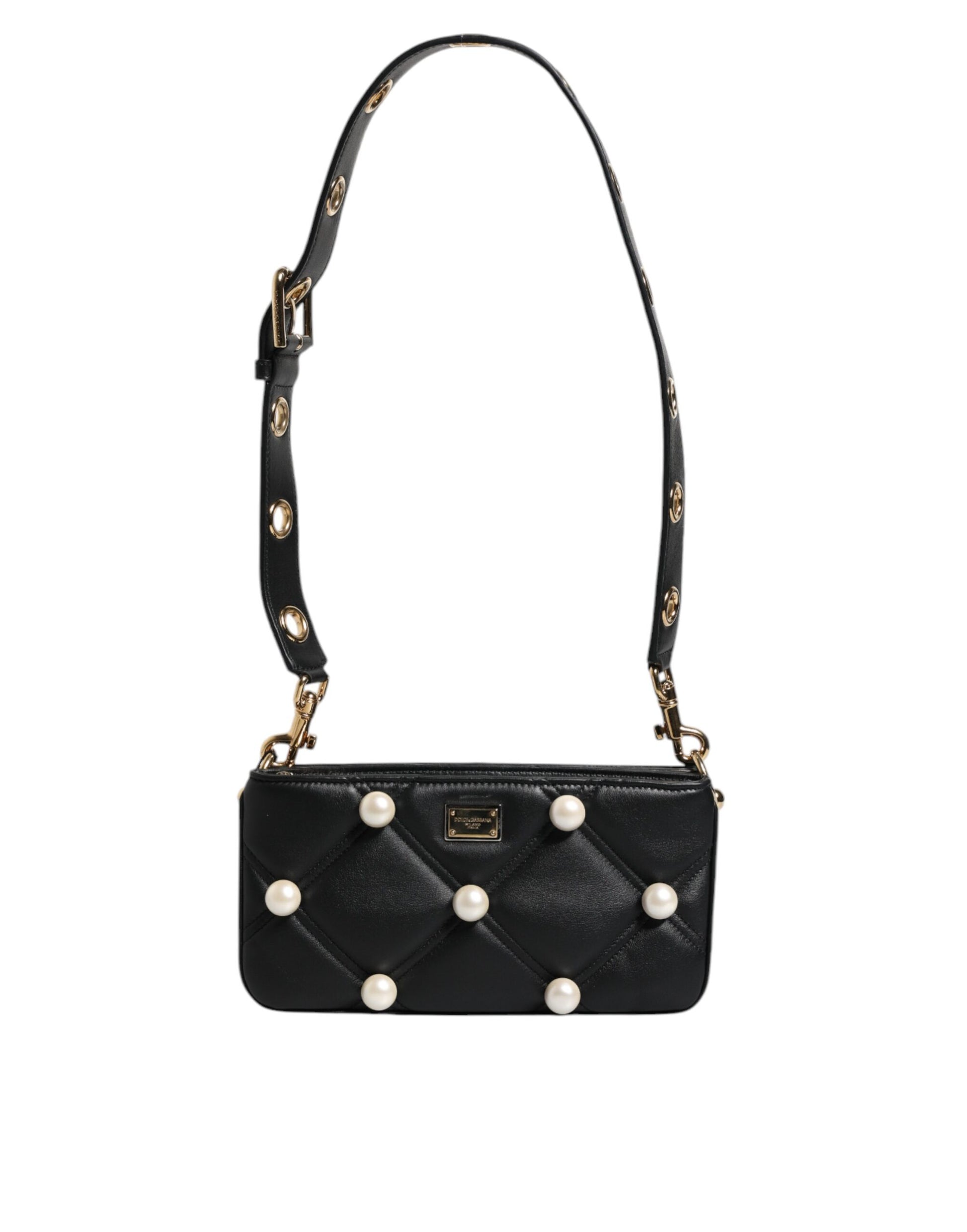 Black quilted handbag with pearl embellishments on a white background