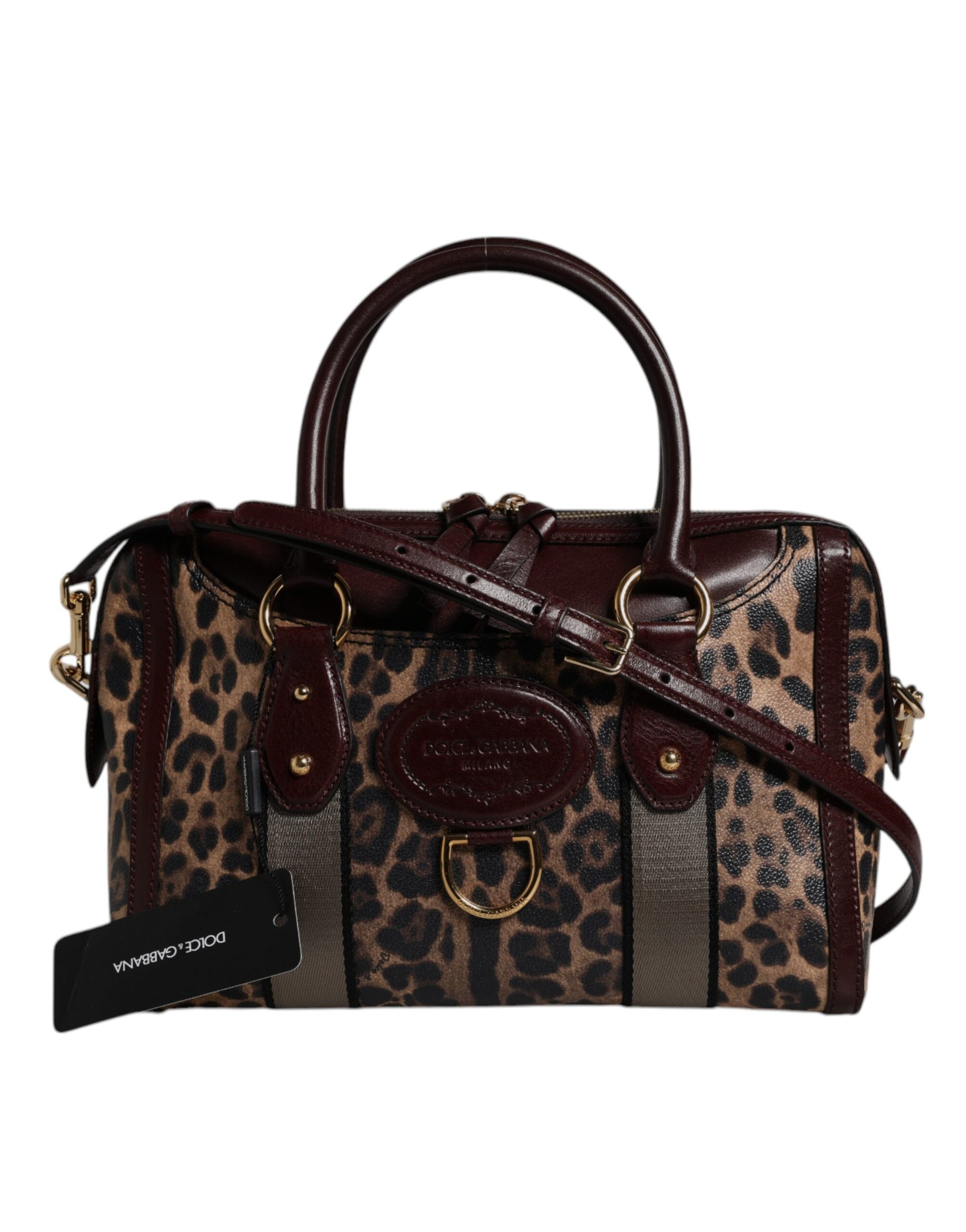 Leopard print handbag with brown accents on a white background