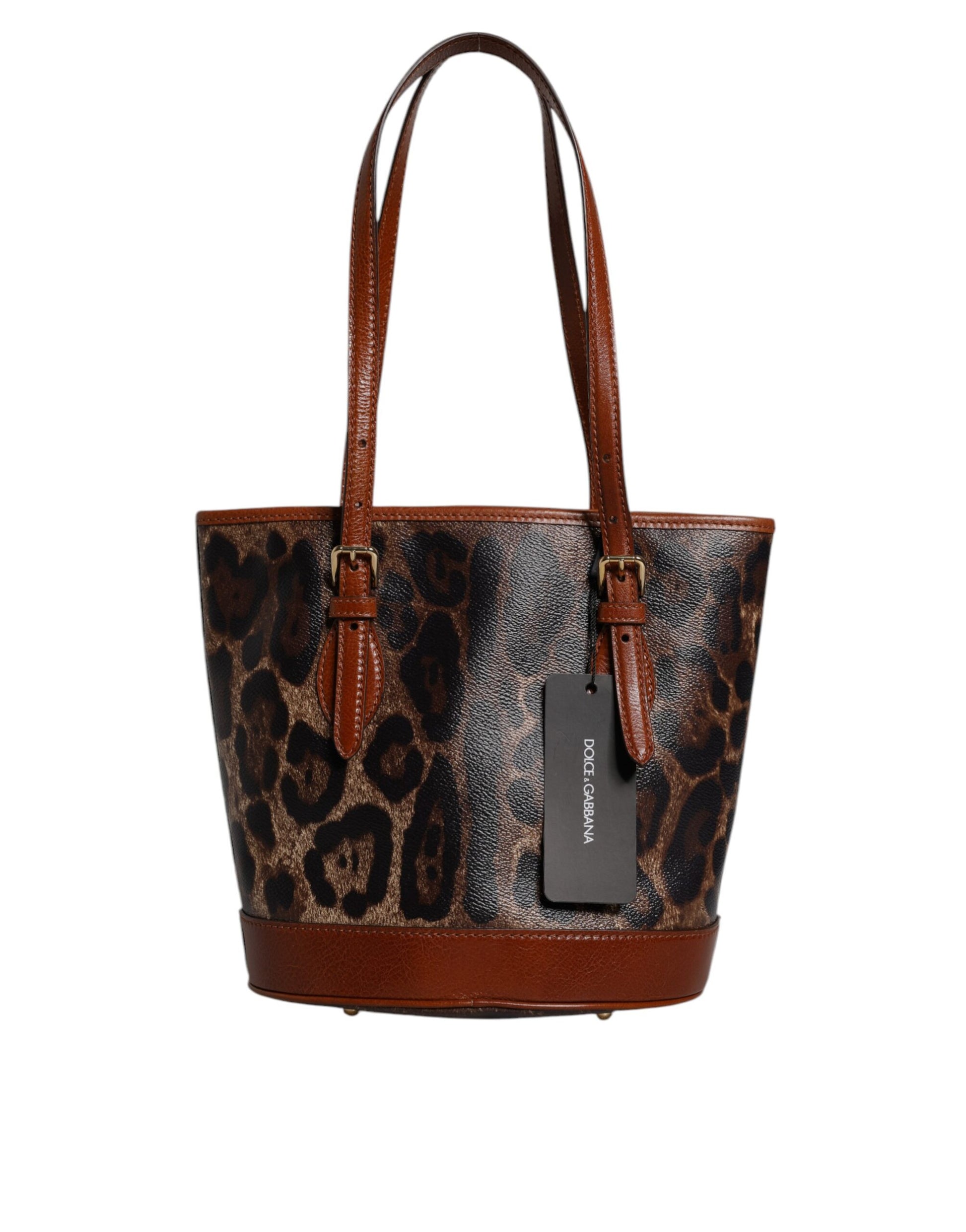 Leopard print handbag with brown accents on a white background