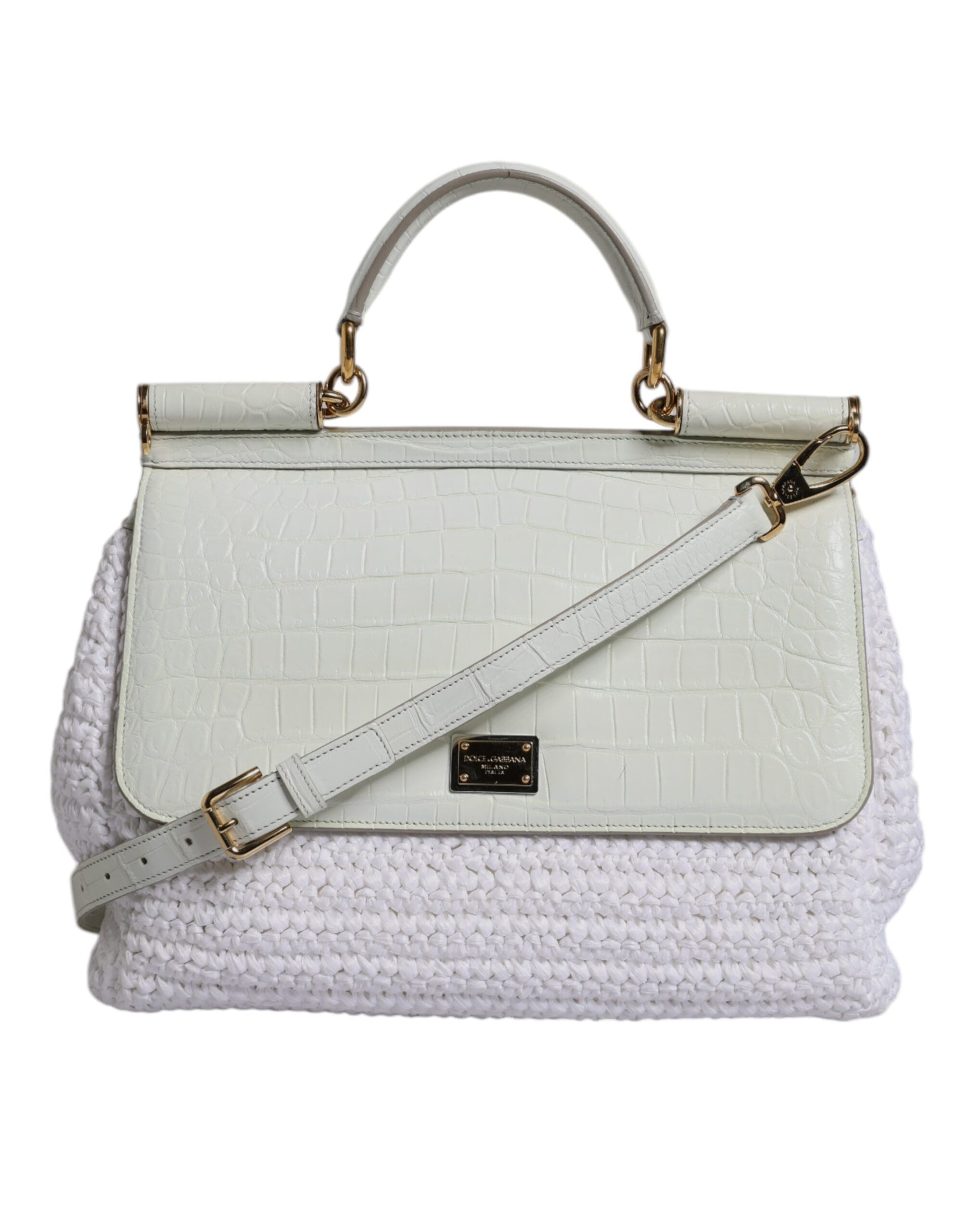 White handbag with gold accents on a white background