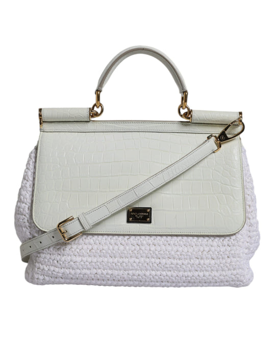 White handbag with gold accents on a white background