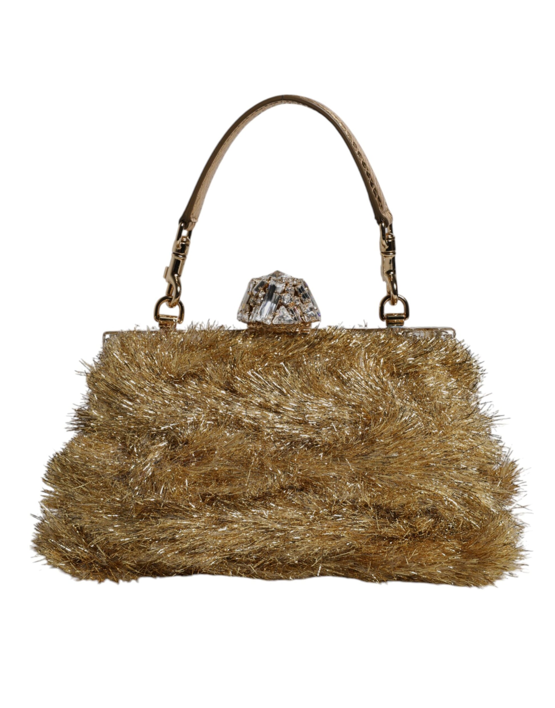 Gold fur handbag with a crystal clasp on a white background
