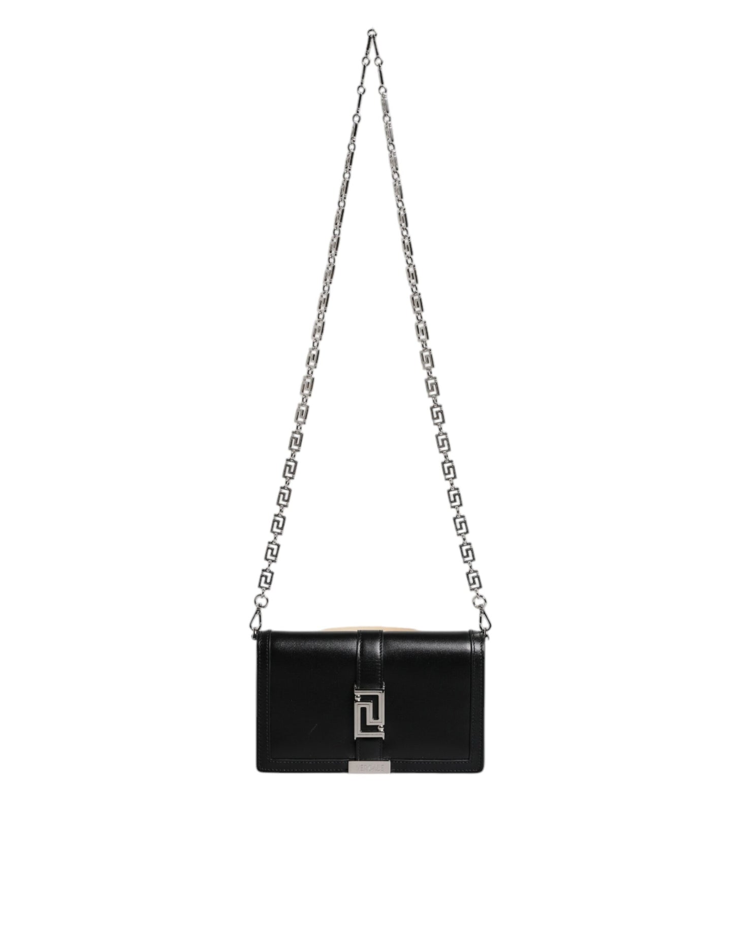 Black handbag with a chain strap on a white background