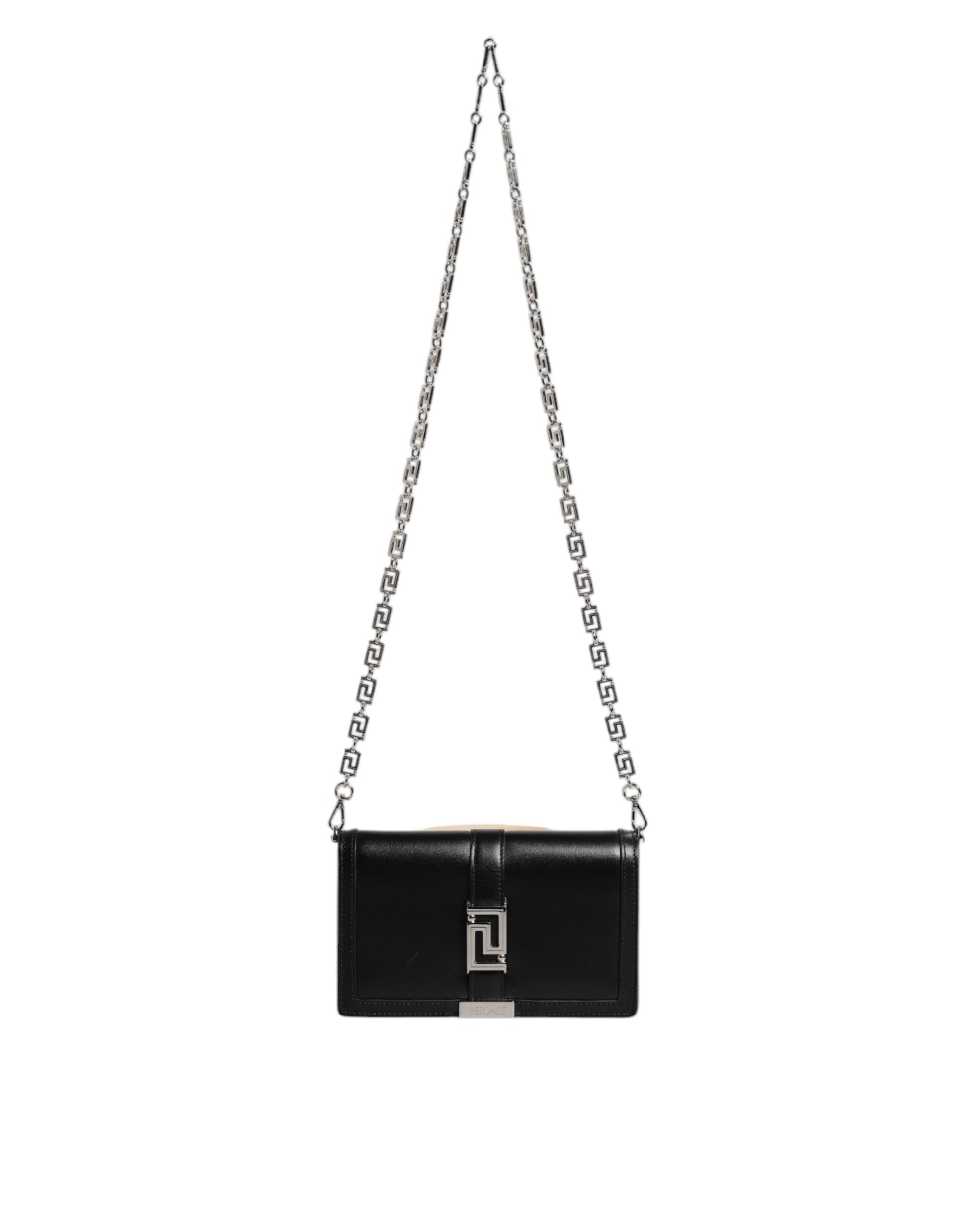 Black handbag with a chain strap on a white background