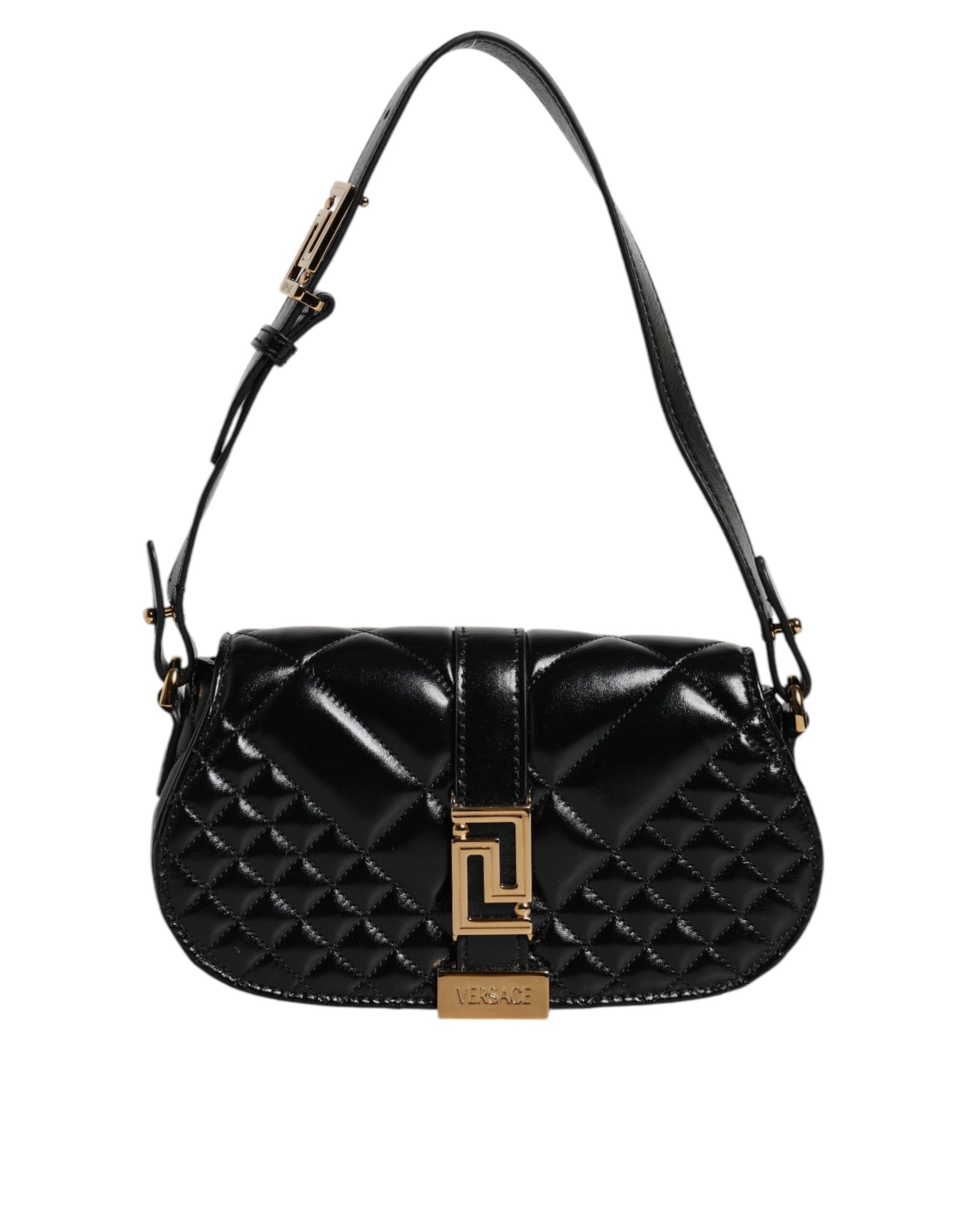 Black quilted handbag with gold accents on a white background