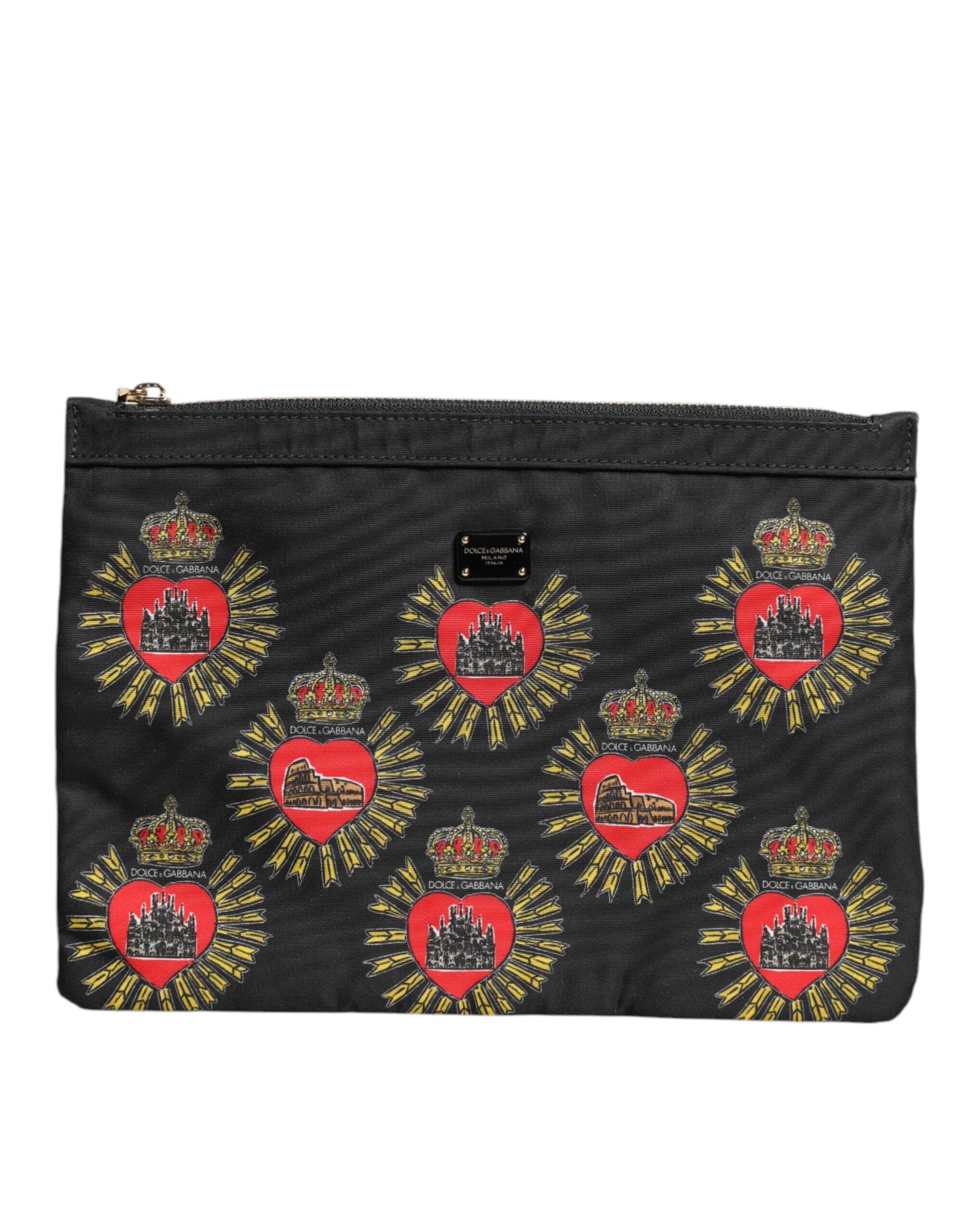 Black pouch with red and gold emblem pattern on a white background