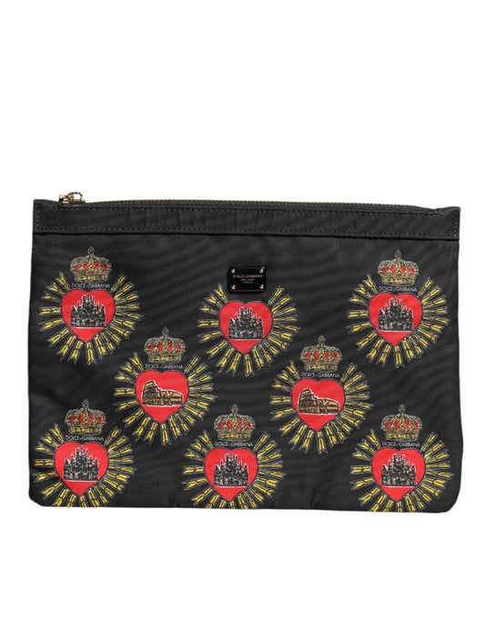 Black pouch with red and gold emblem pattern on a white background