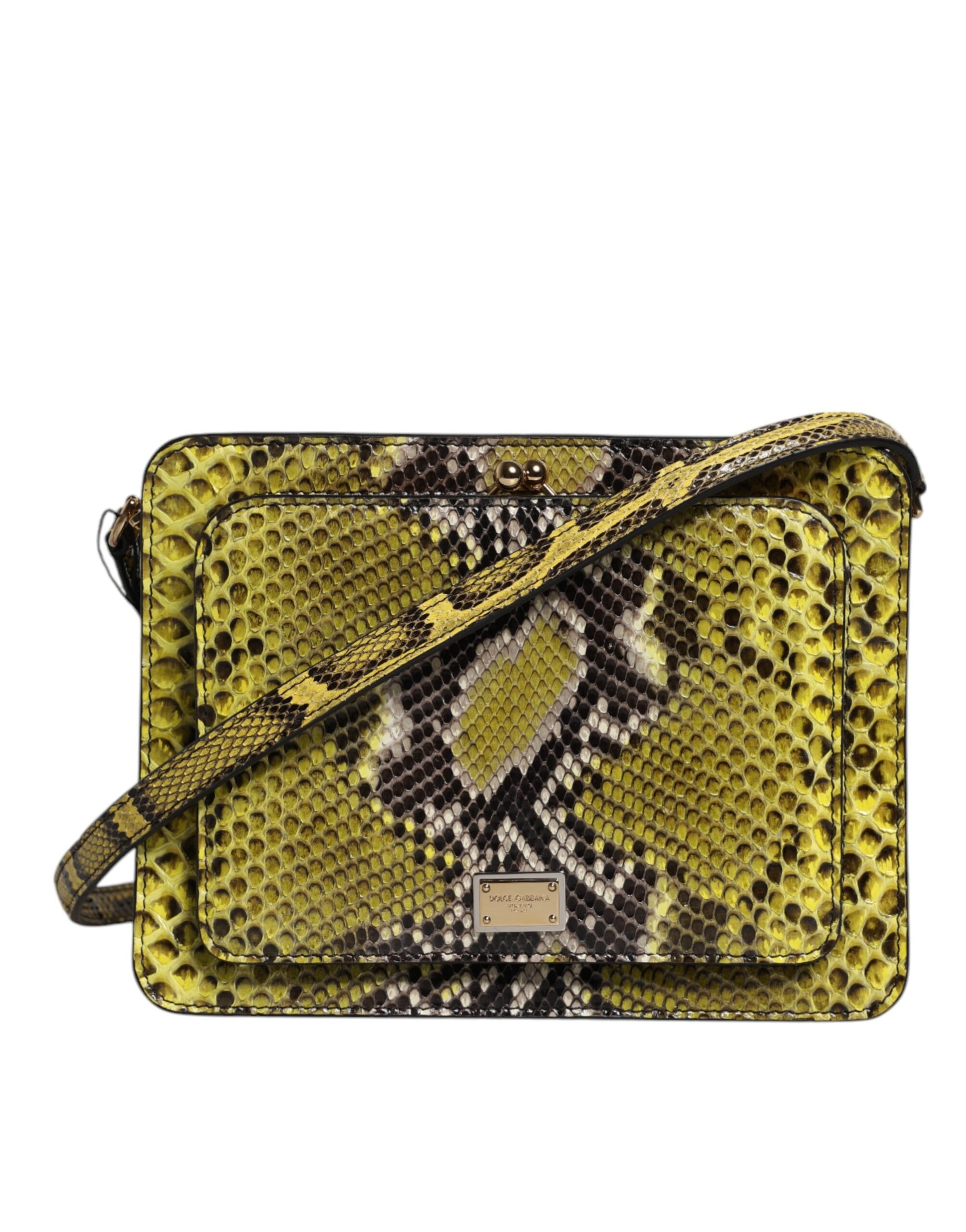 Yellow snake print handbag on a white background