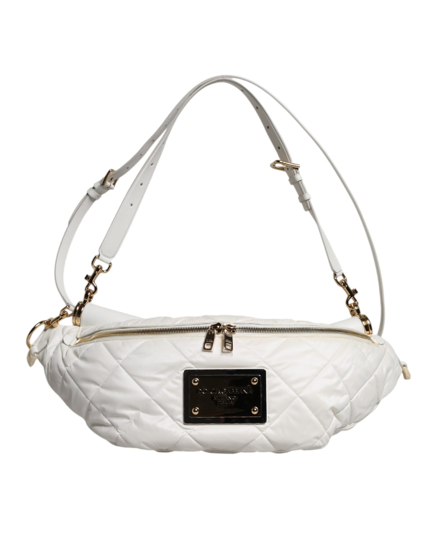 White quilted handbag with gold accents on a white background