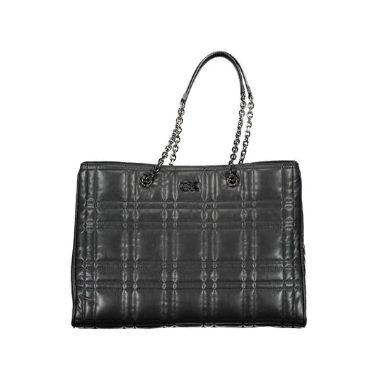 Black quilted handbag with chain detail on a white background