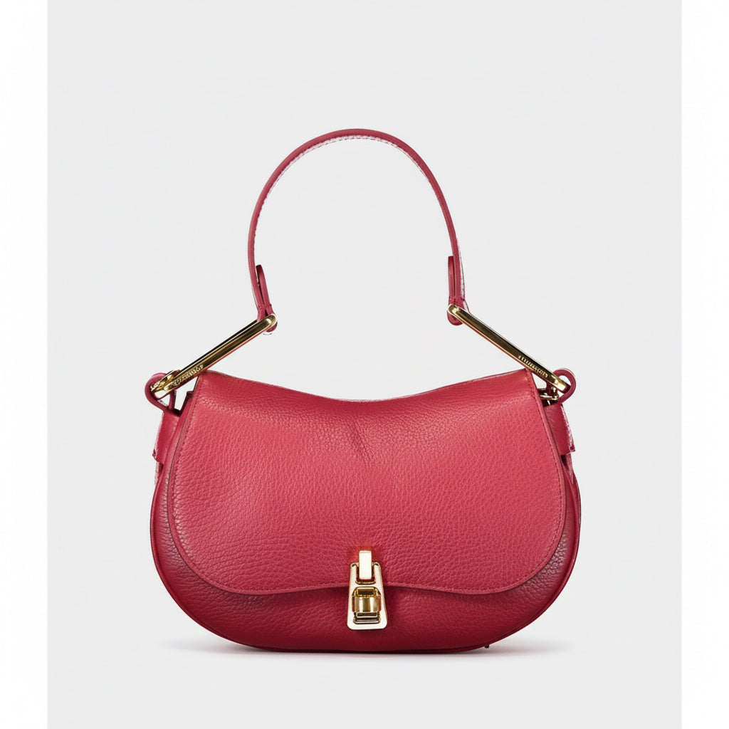 Red handbag with gold accents on a white background