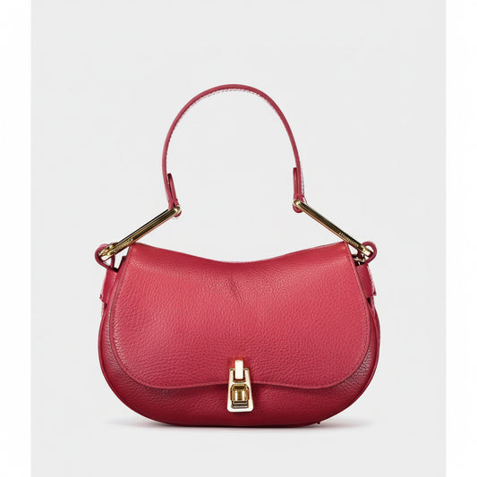 Red handbag with gold accents on a white background