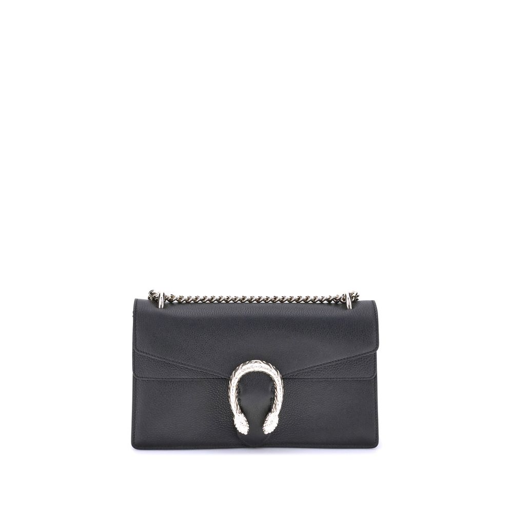 Black handbag with a chain detail on a white background