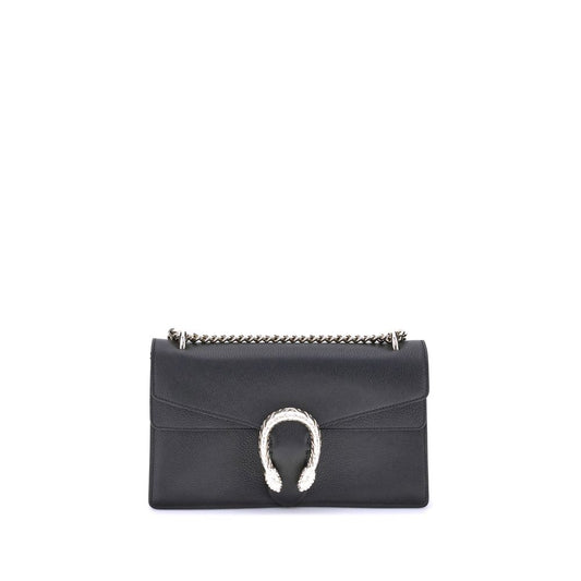 Black handbag with a chain detail on a white background