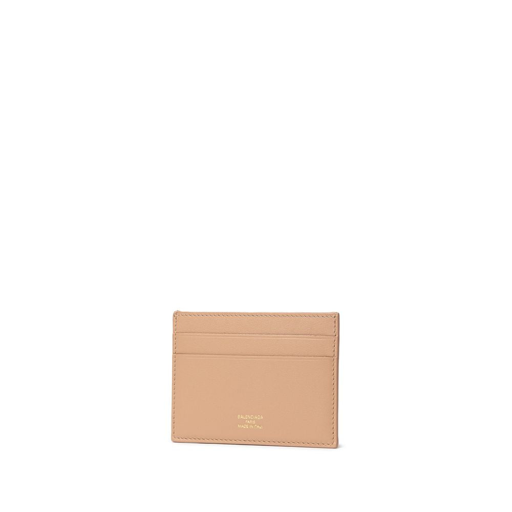 Balenciaga Dark Beige Leather Card Holder With Gold Logo On Front And Four Compartments by Balenciaga