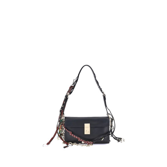 Black handbag with a decorative strap on a white background