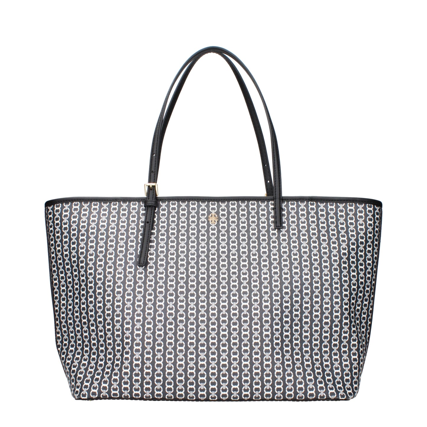 Black and white patterned handbag with a visible brand logo on a white background