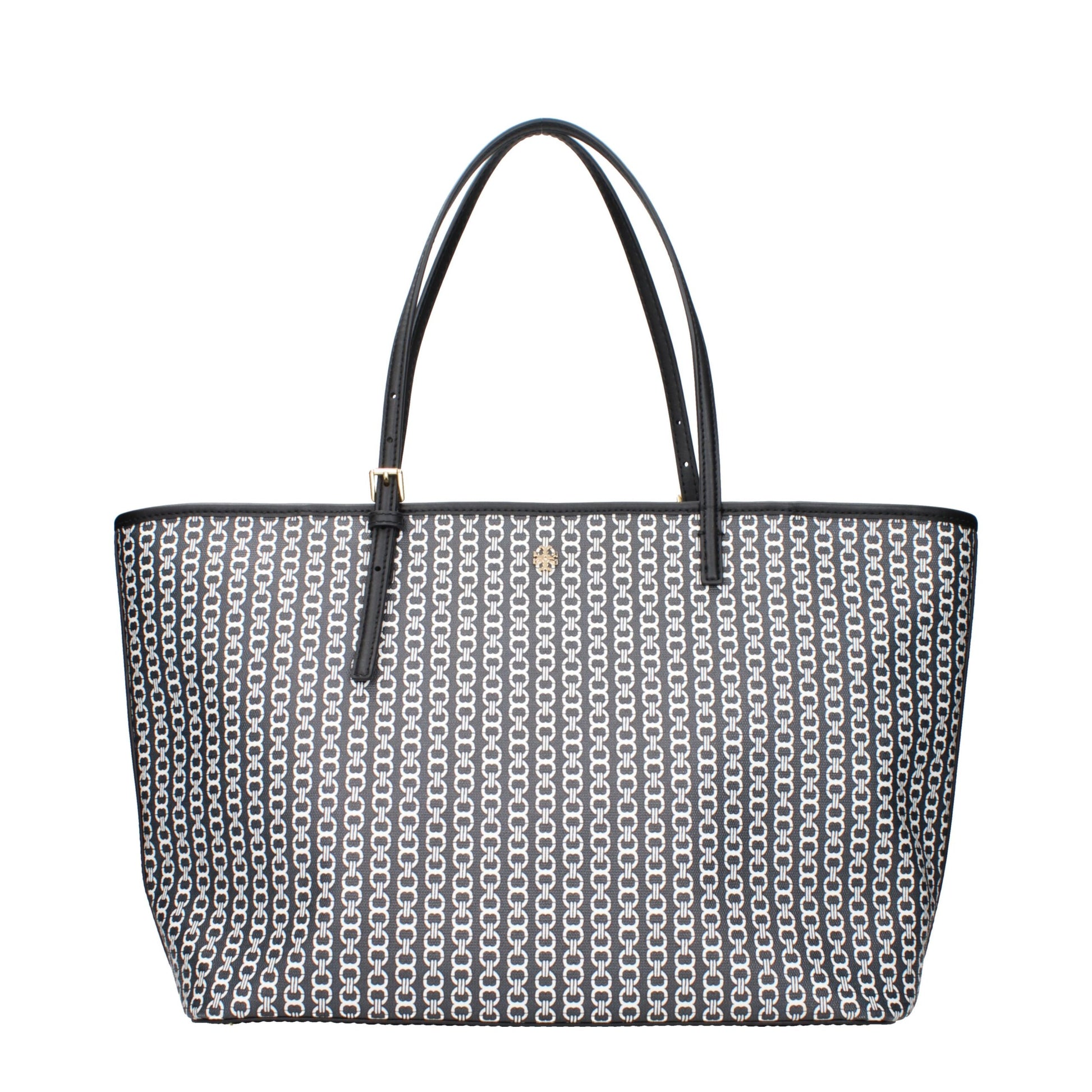 Black and white patterned handbag with a visible brand logo on a white background