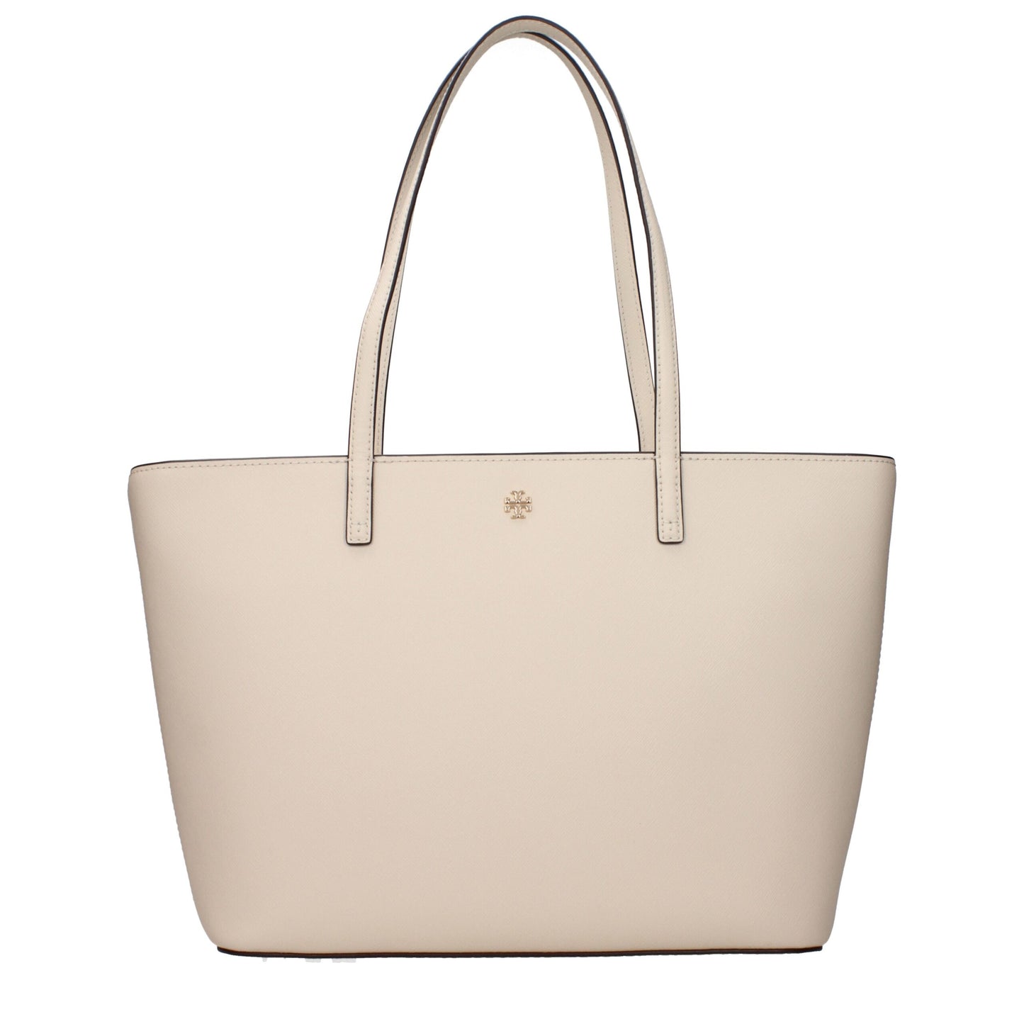 Beige tote bag with a visible brand logo on a white background