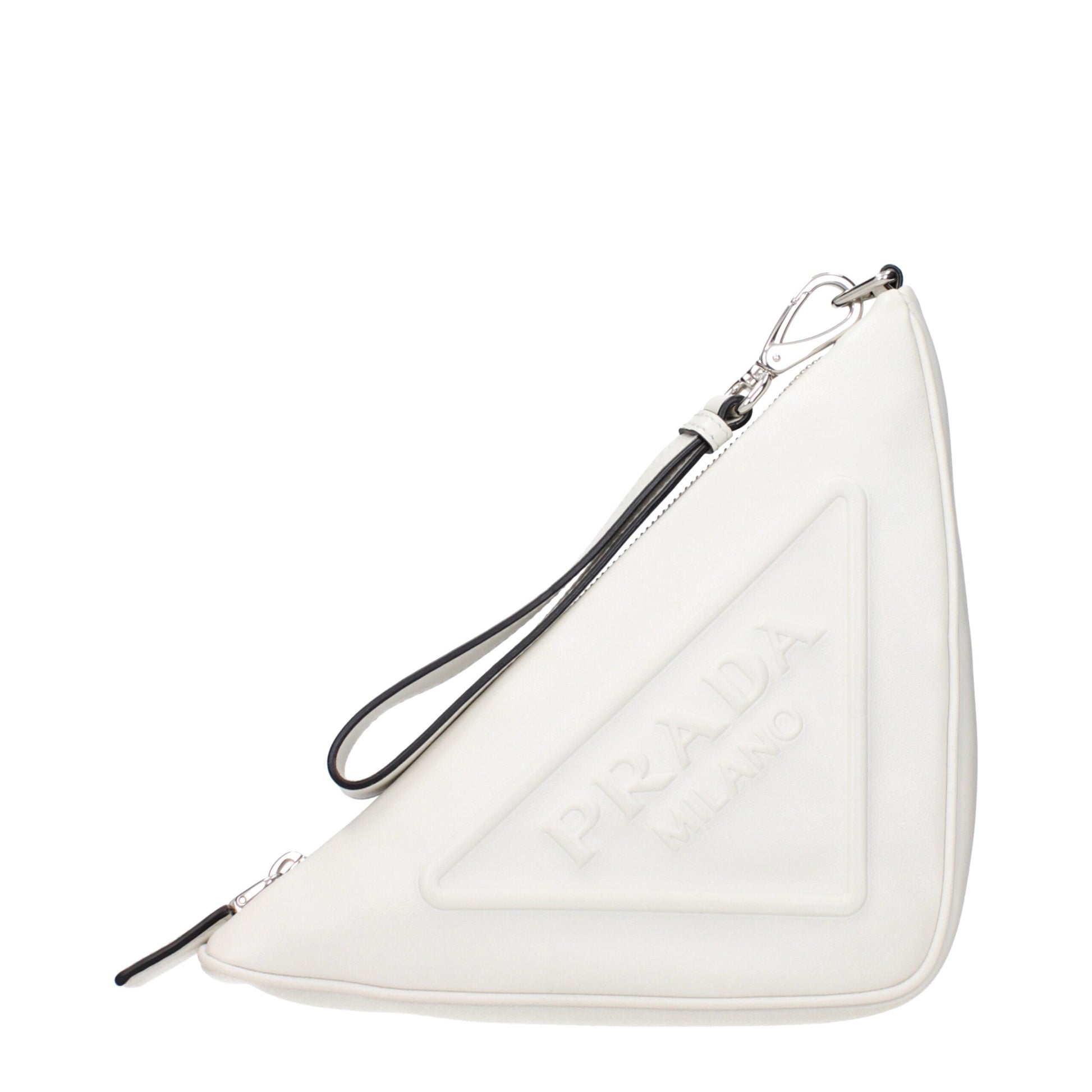 White handbag with a geometric design on a white background