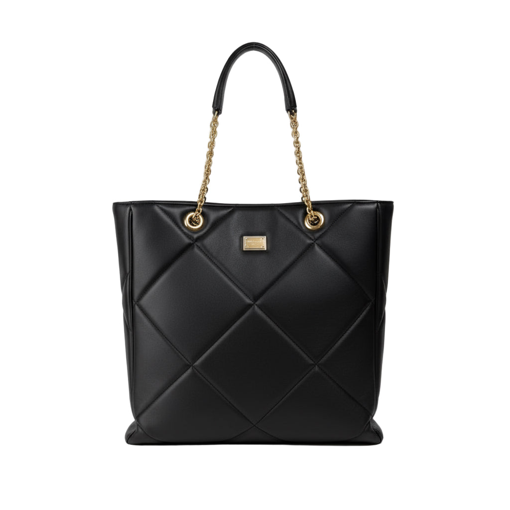 Black quilted handbag with gold chain handle on a white background