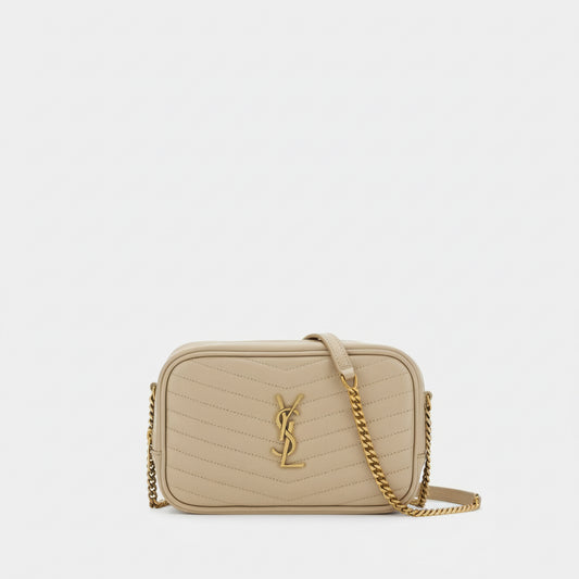 Beige handbag with gold chain and logo on a white background