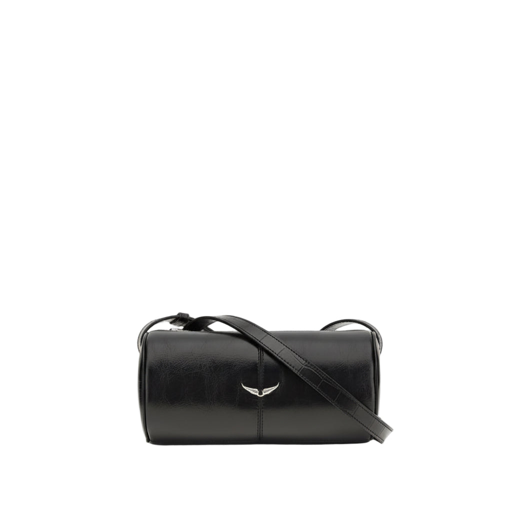 Black leather duffel bag with a brand logo on a white background