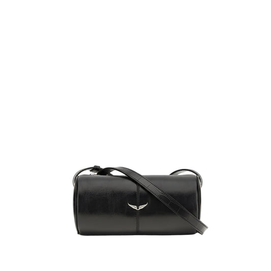 Black leather duffel bag with a brand logo on a white background