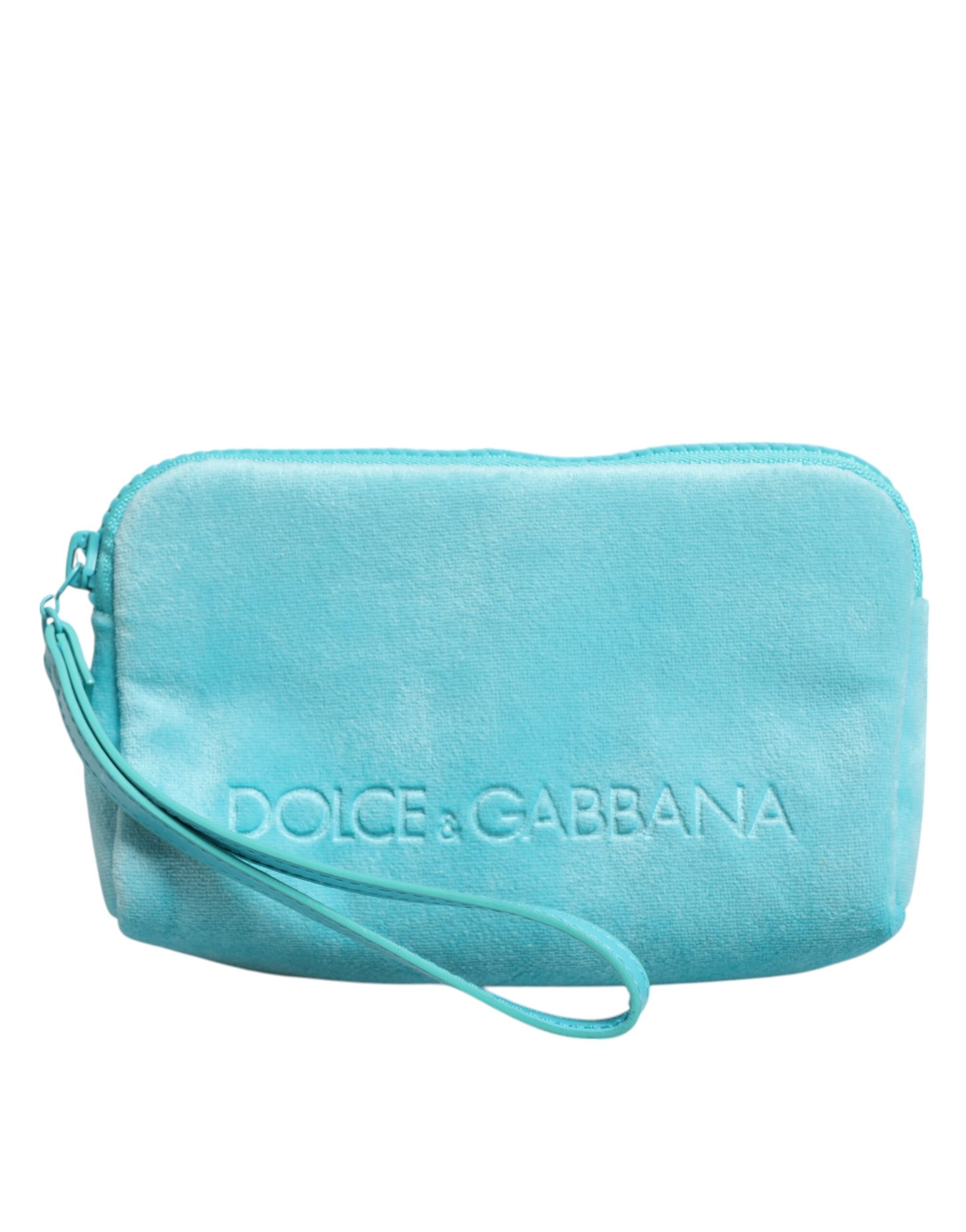 Turquoise clutch bag with Dolce & Gabbana logo on a white background