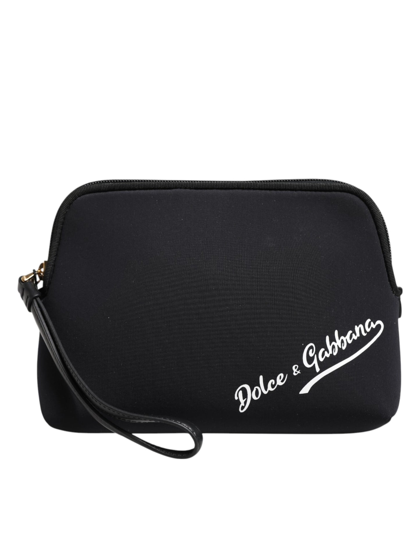 Black clutch bag with 'Dolce & Gabbana' logo on a white background