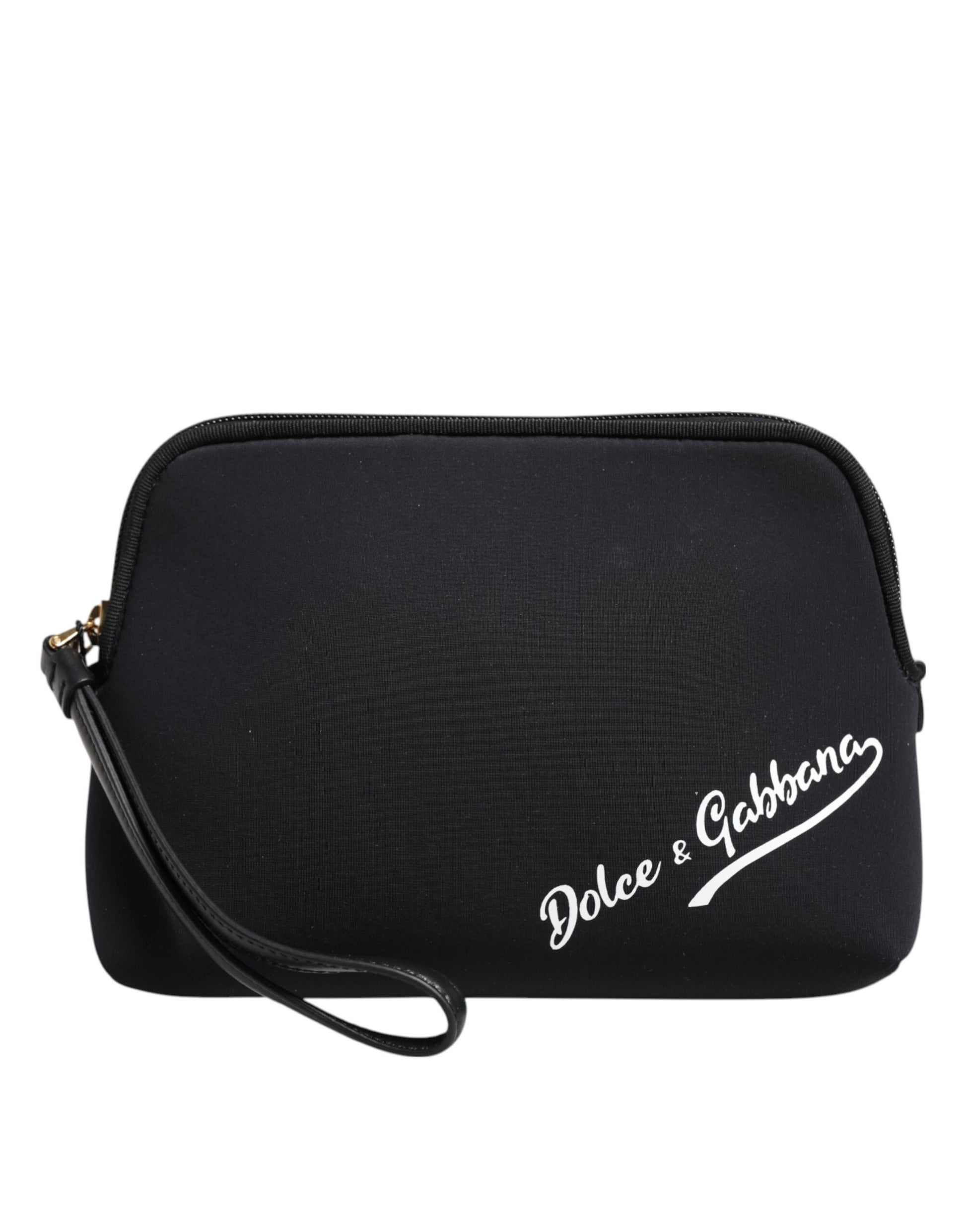 Black clutch bag with 'Dolce & Gabbana' logo on a white background