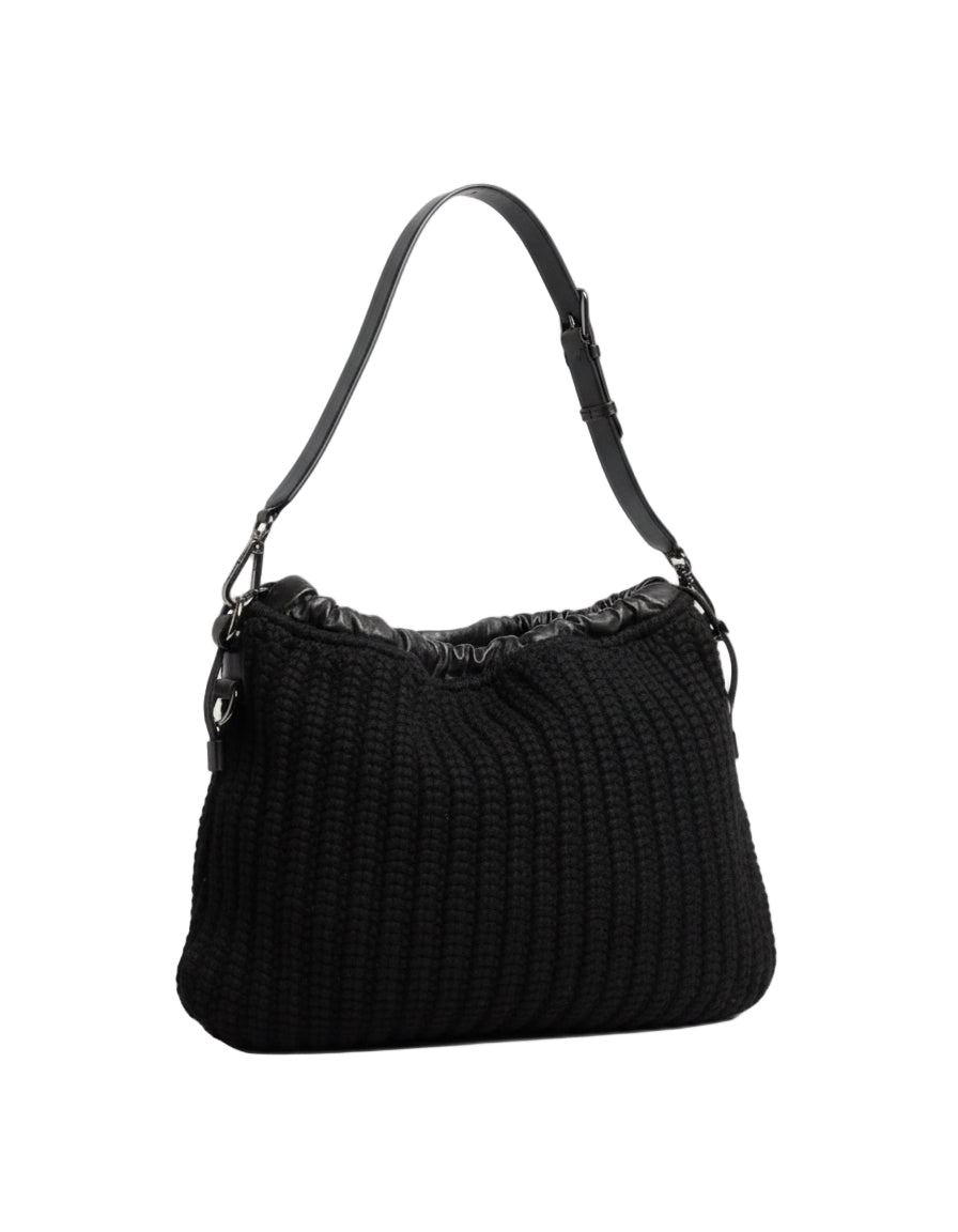 Black ribbed handbag on a white background