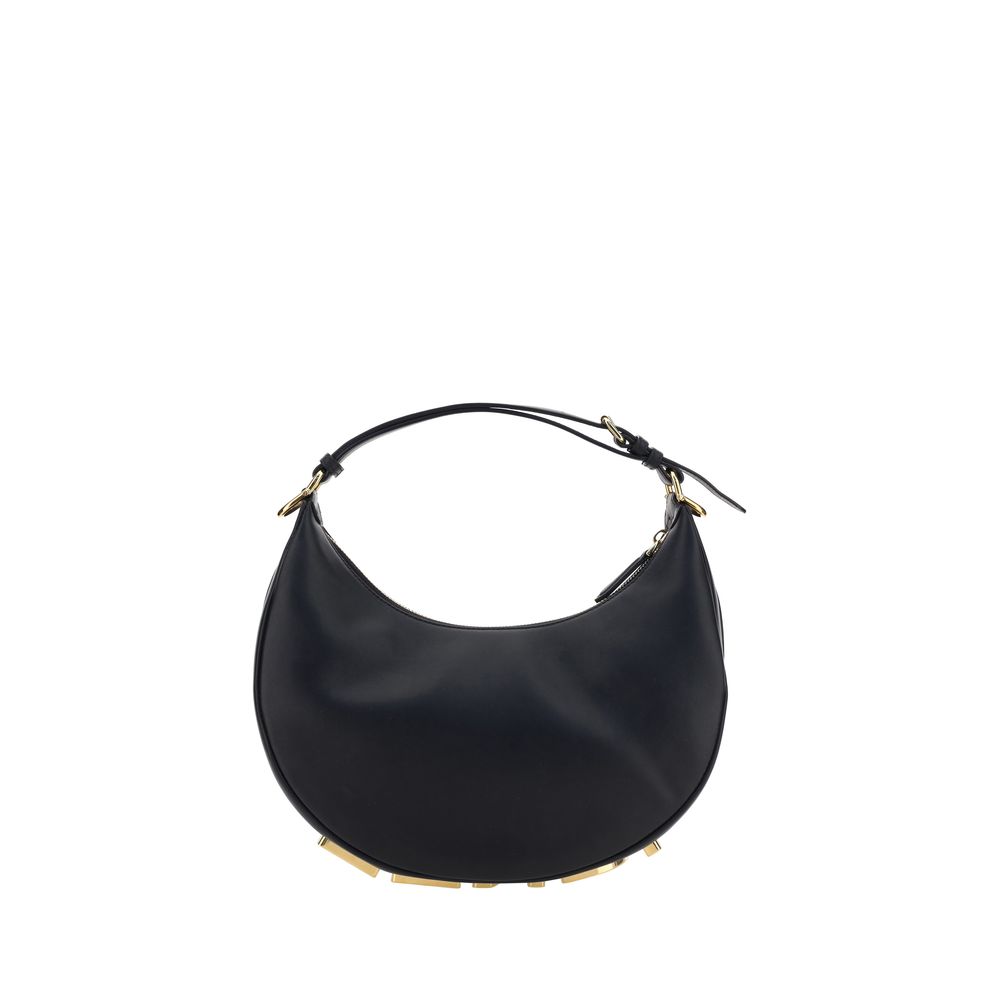 Black handbag with gold accents on a white background