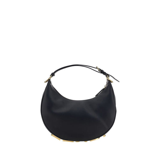 Black handbag with gold accents on a white background
