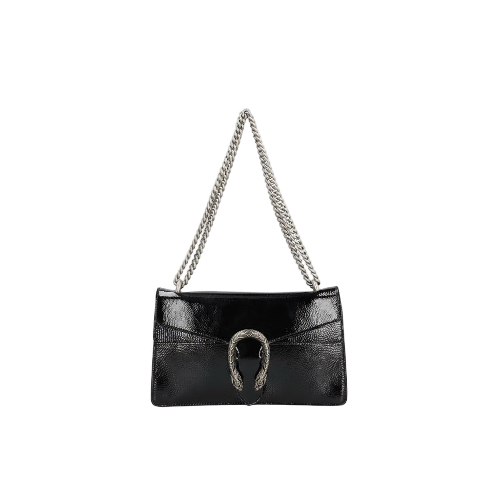 Black clutch bag with a chain strap on a white background