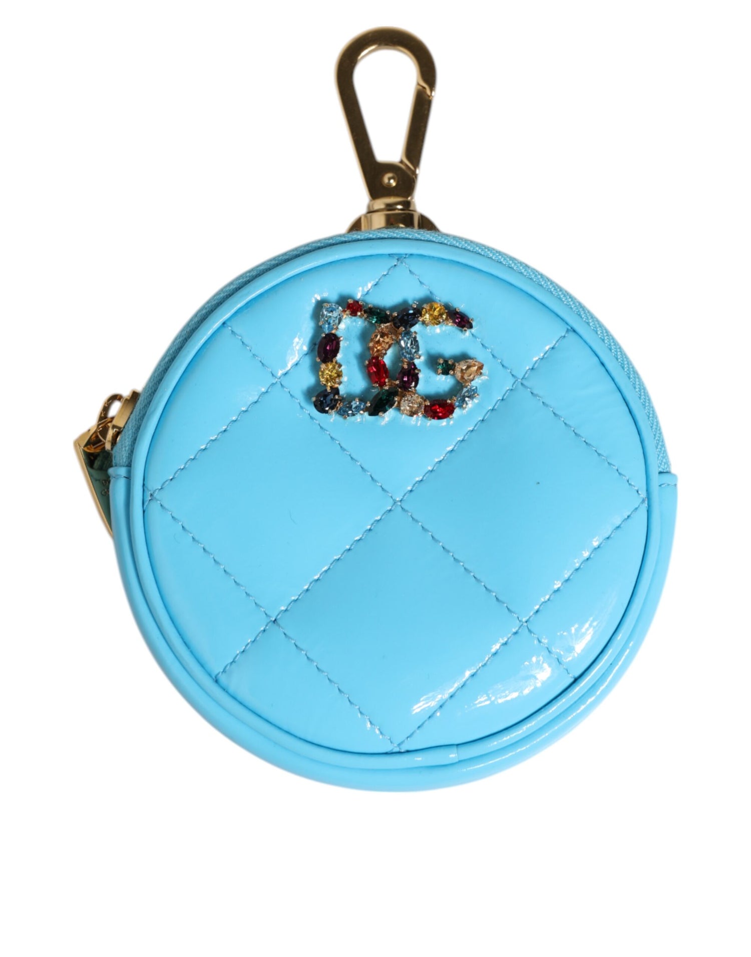 Dolce & Gabbana Azure Blue Leather Round Coin Purse Keychain Crystal Logo Wallet by Dolce & Gabbana