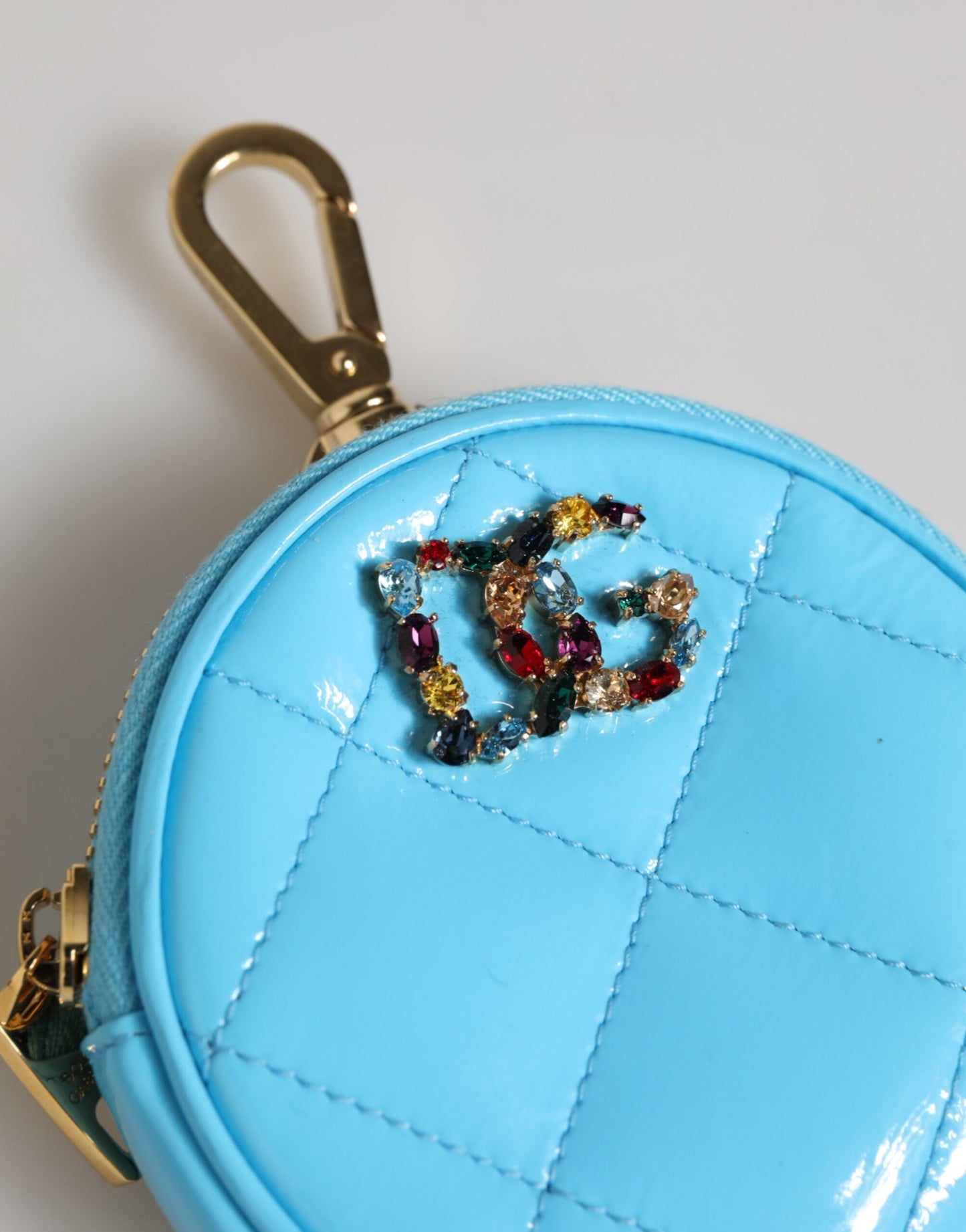 Dolce & Gabbana Azure Blue Leather Round Coin Purse Keychain Crystal Logo Wallet by Dolce & Gabbana