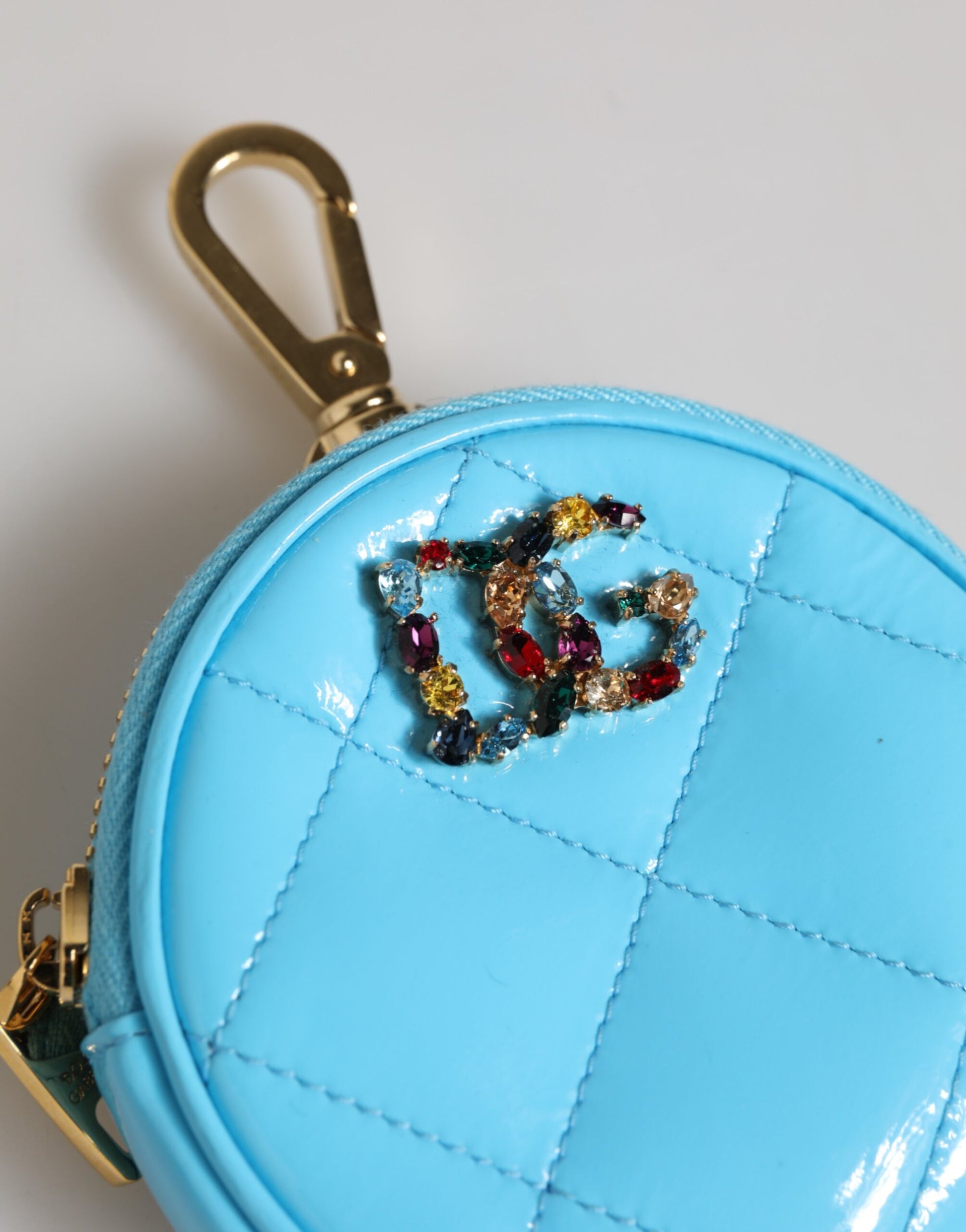 Dolce & Gabbana Azure Blue Leather Round Coin Purse Keychain Crystal Logo Wallet by Dolce & Gabbana