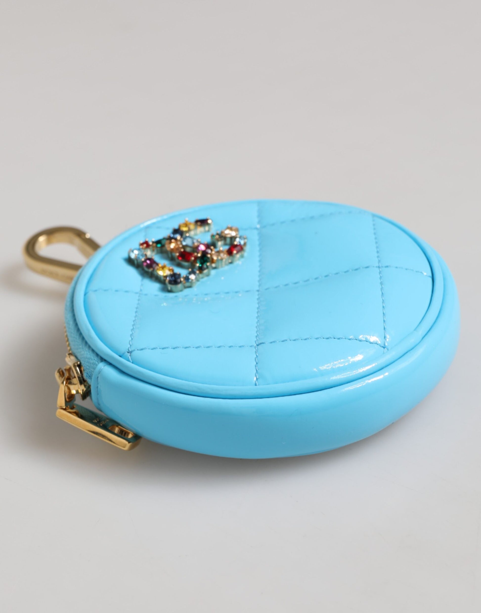 Dolce & Gabbana Azure Blue Leather Round Coin Purse Keychain Crystal Logo Wallet by Dolce & Gabbana