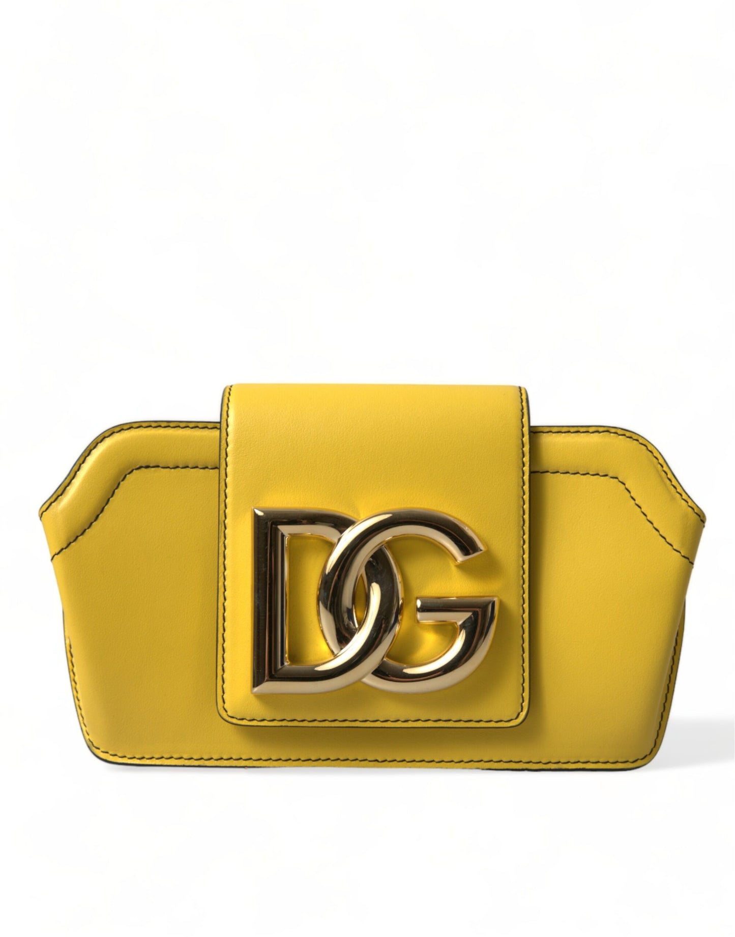 Yellow handbag with a prominent logo on a white background