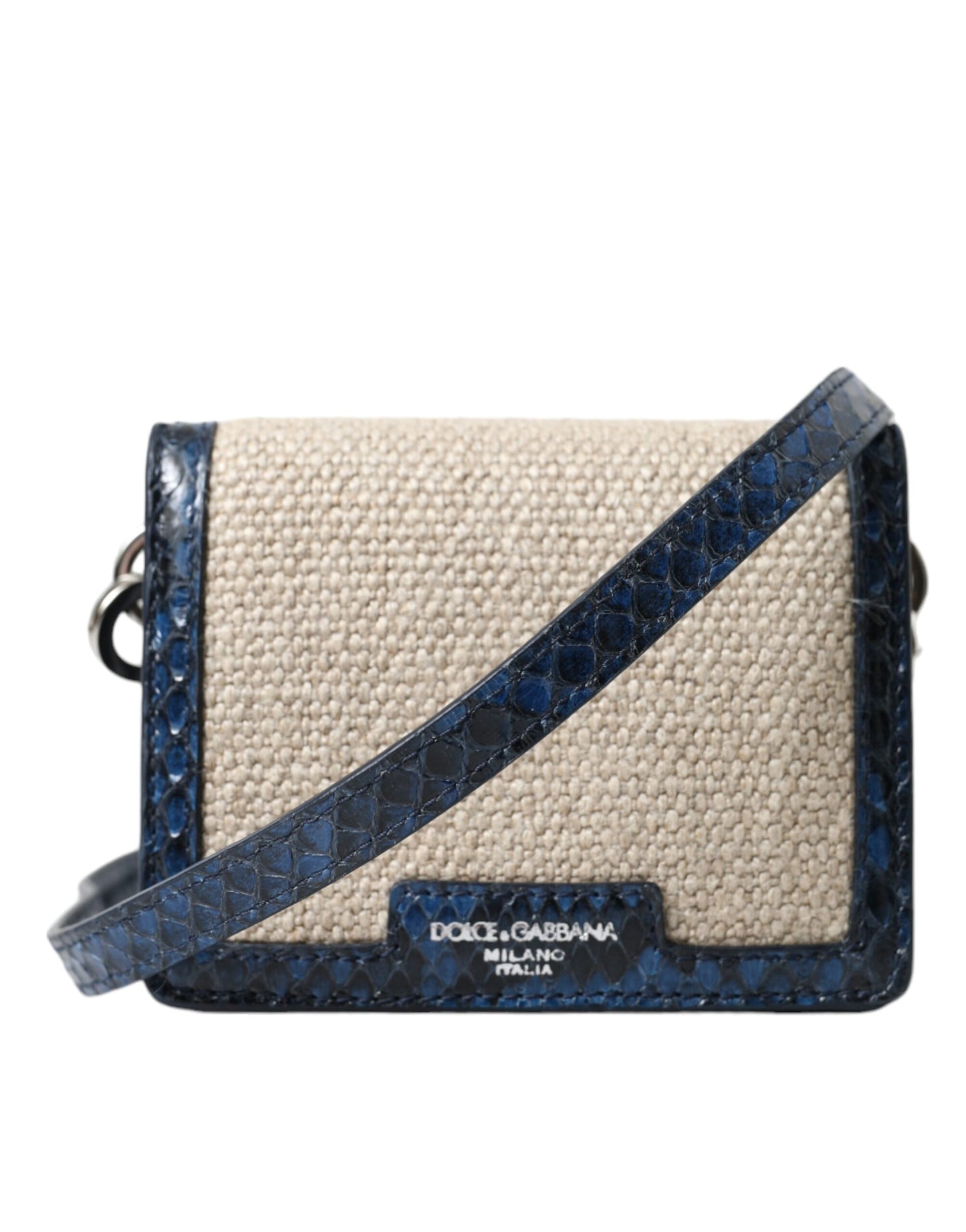 Dolce & Gabbana crossbody bag with beige and navy design on a white background