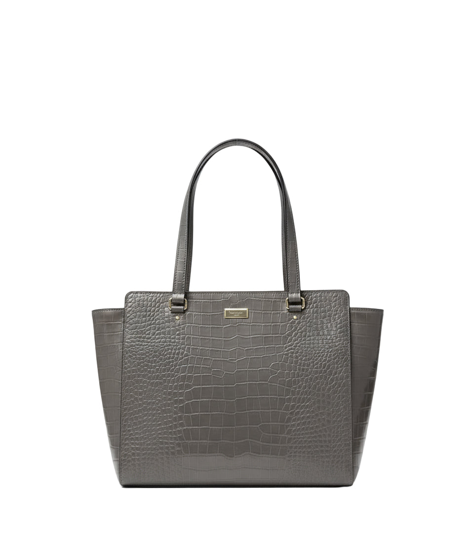 Gray crocodile-patterned handbag with a visible brand label on a white background