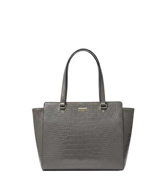 Gray crocodile-patterned handbag with a visible brand label on a white background