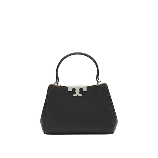 Black handbag with a silver logo on a white background