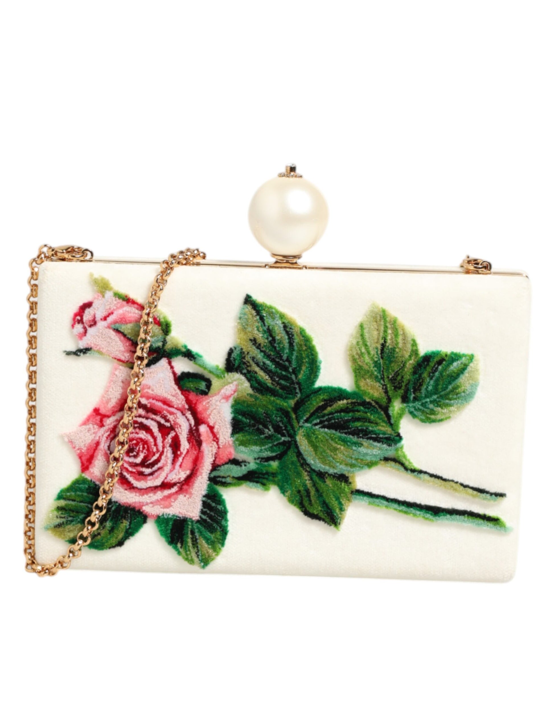 Dolce & Gabbana White Rose Embroidery Silk Gold Frame Clutch Purse Bag by Dolce & Gabbana